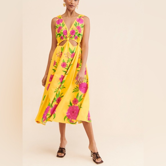 FARM Rio Dresses & Skirts - FARM Rio Romantic Garden Yellow Pink Plunge Midi Dress Size M
